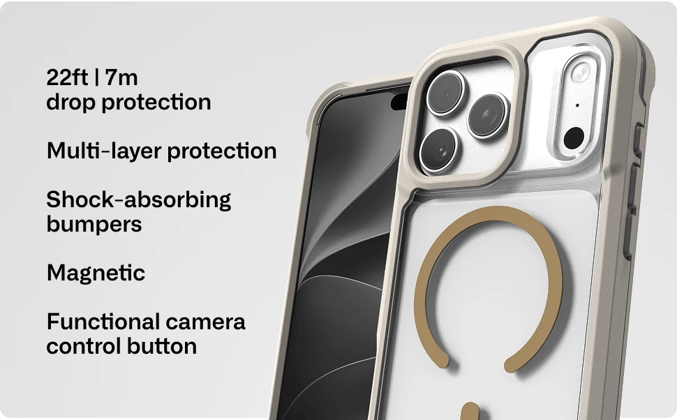 Rainier rugged phone case with multi layer protection, magnetic compatibility, and camera control button