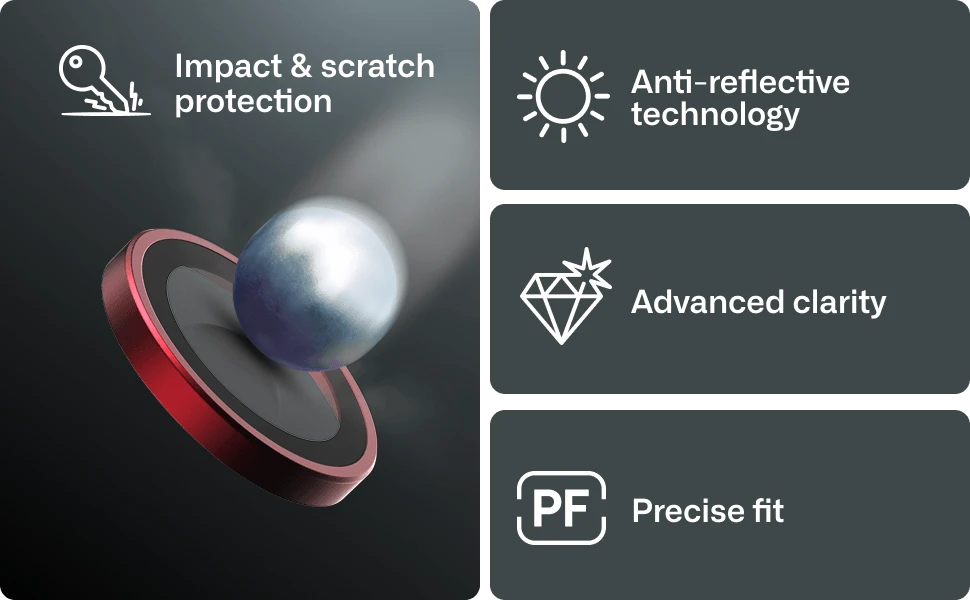 Camera lens protectors featuring impact and scratch protection, anti reflective technology, advanced clarity, and precise fit