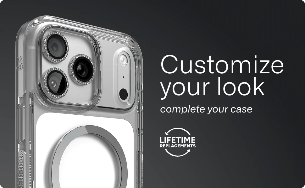 Camera lens protectors installed on a smartphone, highlighting a customize look with ZAGG cases