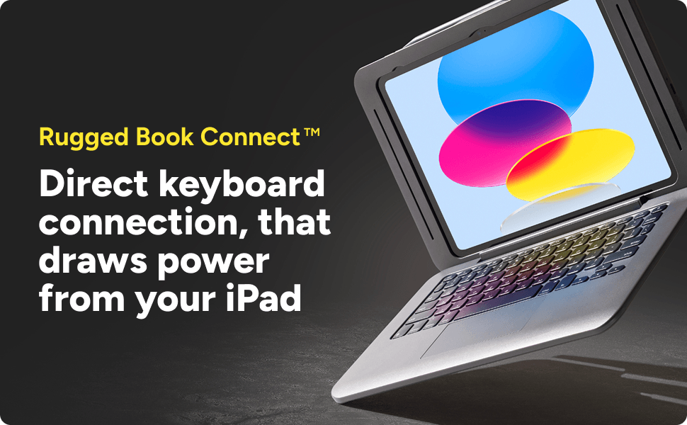 ZAGG Rugged Book Connect iPad case with keyboard featuring direct connection that draws power from iPad.