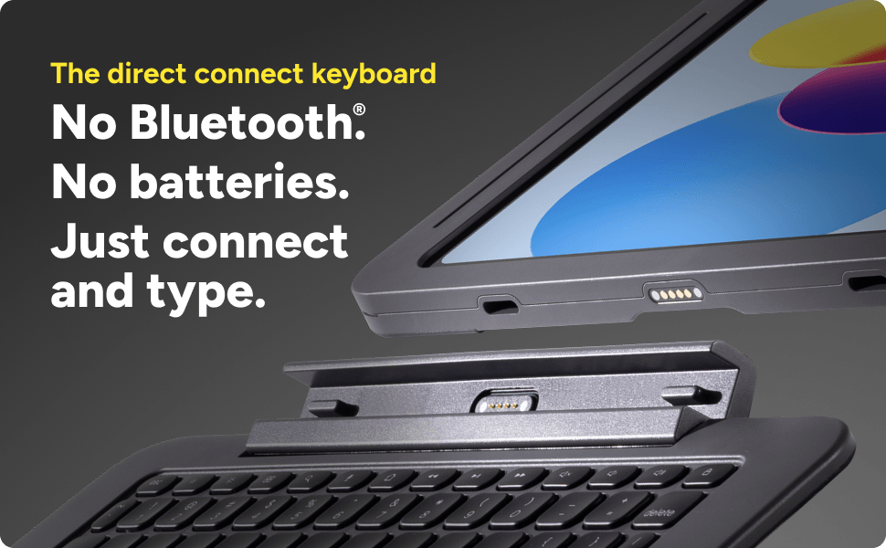 ZAGG Rugged Book Connect keyboard with direct connection, no Bluetooth or batteries, drawing power from iPad