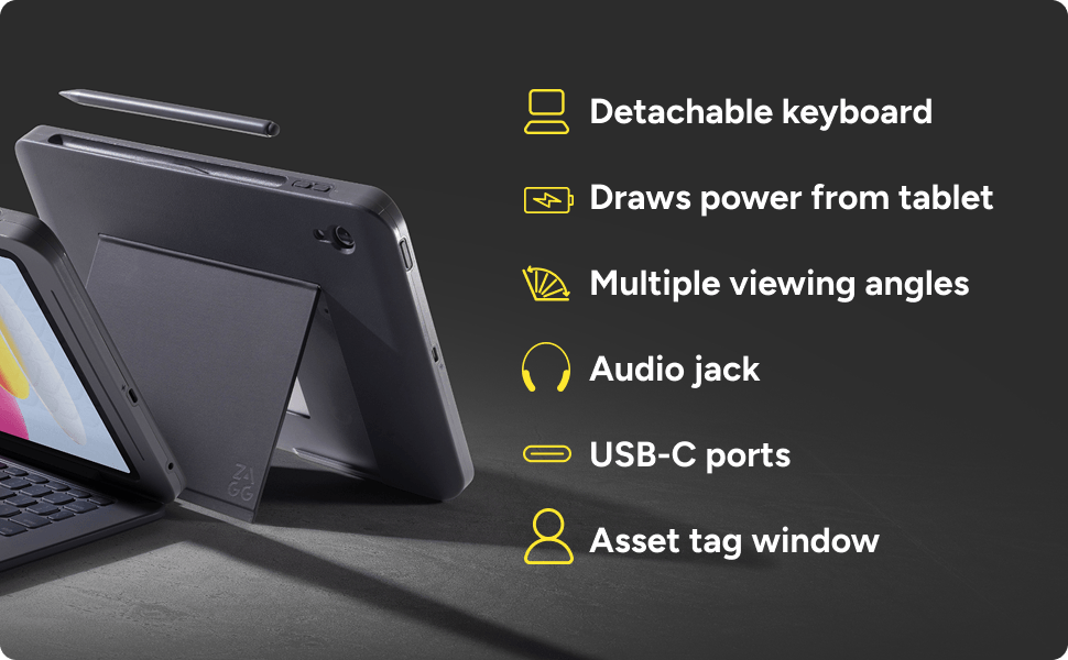 ZAGG Rugged Book Connect iPad case with detachable keyboard, multiple viewing angles, USB‑C ports, and audio jack