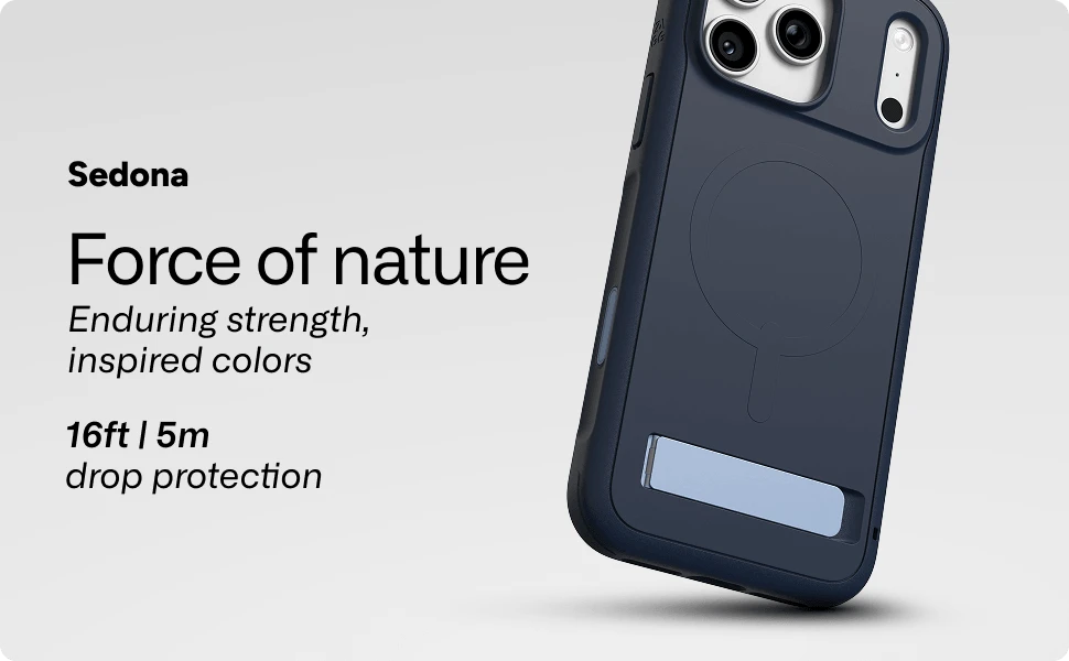 Sedona phone case with integrated stand, magnetic compatibility, and 16 ft drop protection in a blue finish