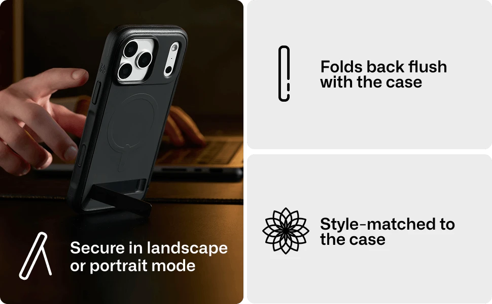 Sedona phone case standing upright on a desk, showing a built in kickstand for portrait or landscape viewing