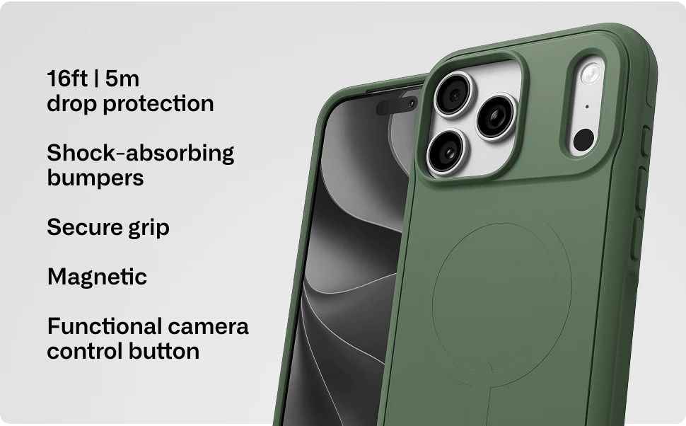 Green Sedona phone case with magnetic compatibility, camera control button, secure grip, and drop protection