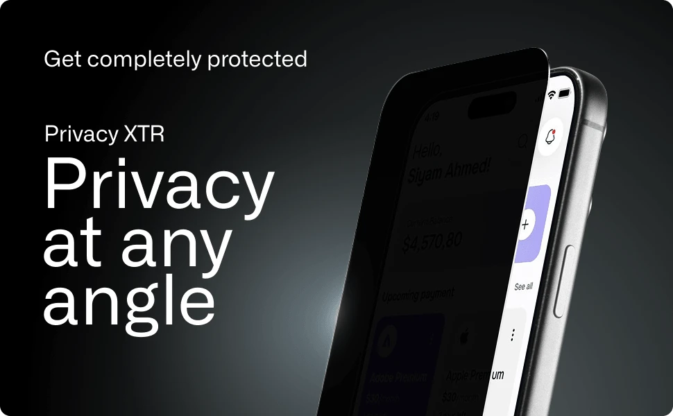 Sedona phone case paired with a Privacy XTR screen protector, showing side view privacy protection on a smartphone screen