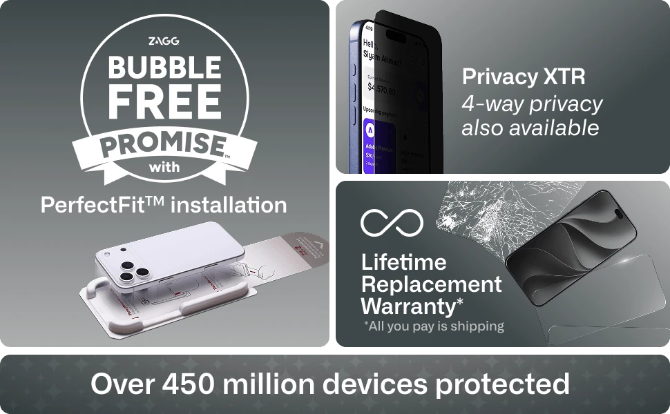 XTR6 screen protector highlights easy installation, privacy filter option, and lifetime replacement warranty