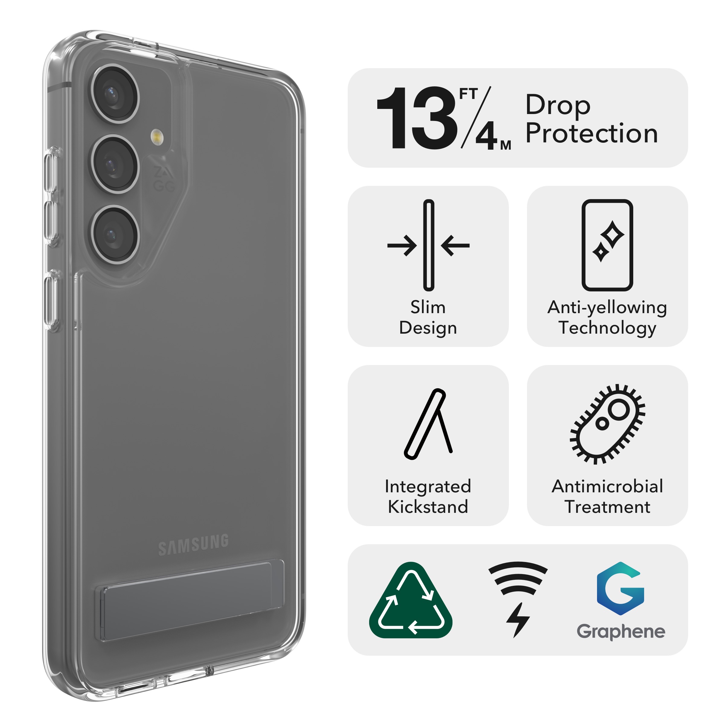 Drop Resistant up to 13 ft ǀ 4m ||
Crystal Palace with Kickstand protects your phone from drops up to 13 feet (4 meters).(1)