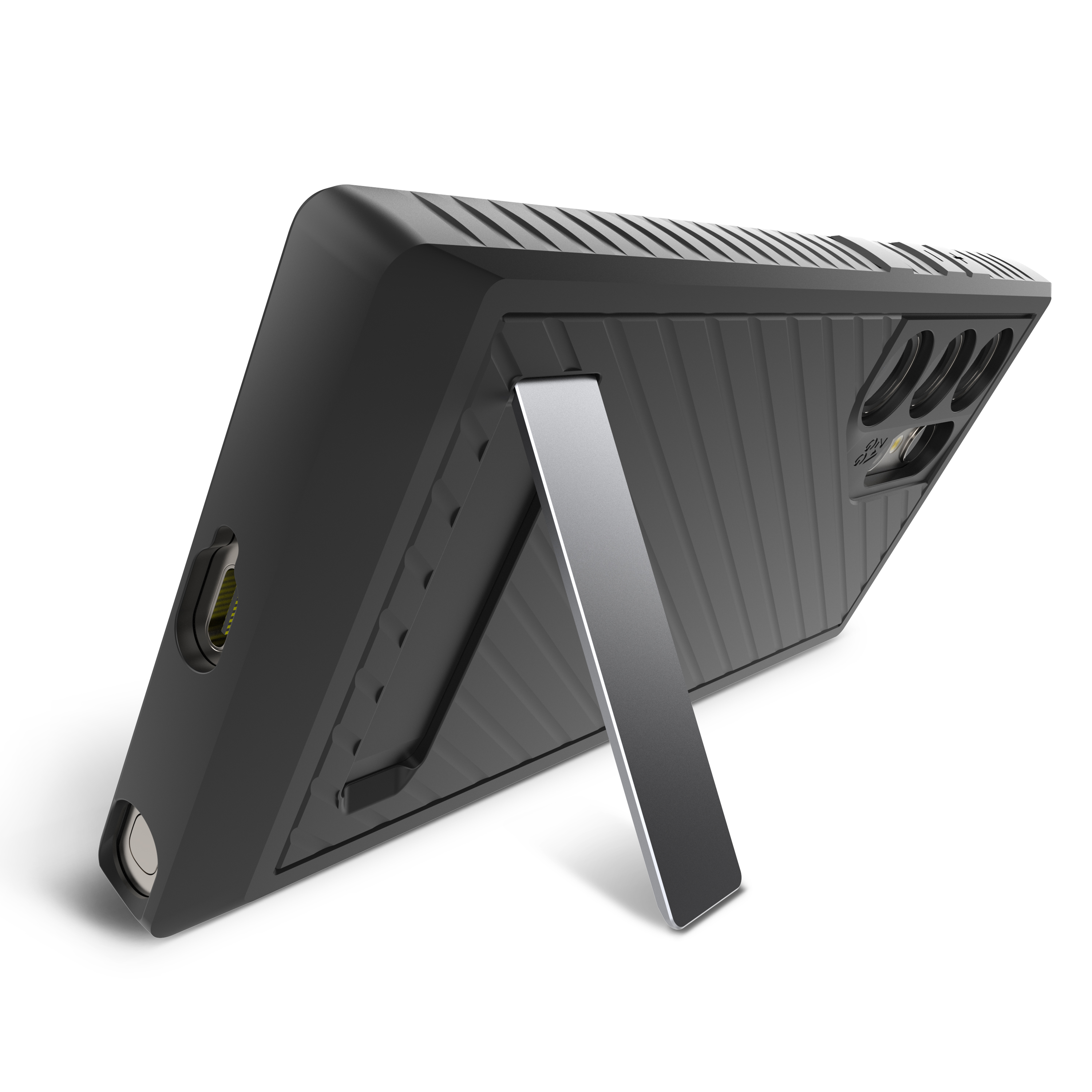 Integrated Kickstand ||
The kickstand allows for hands-free viewing, and it folds back flush with the case