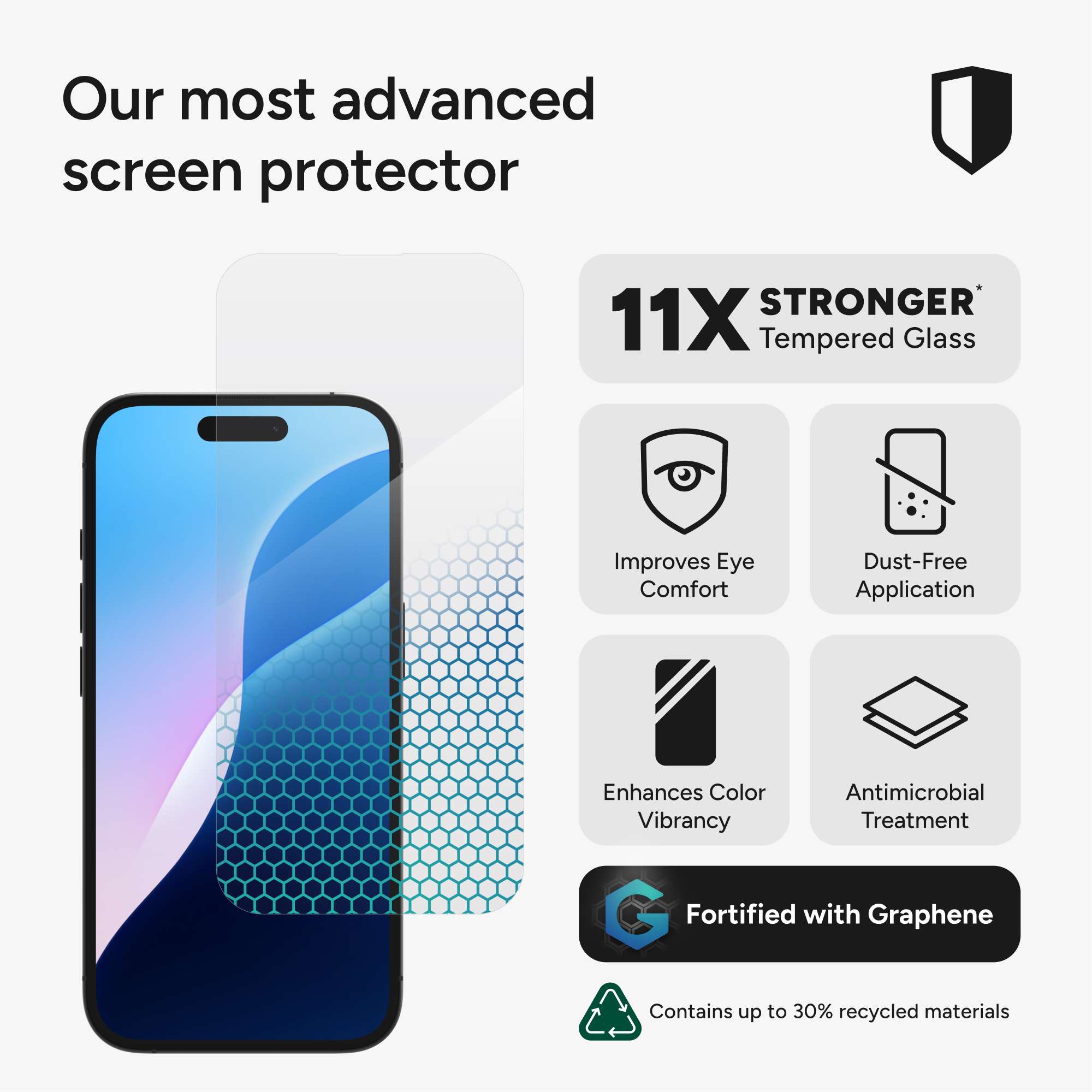 XTR4 is our most advanced screen protector for iPhone 16. Fortified with graphene, XTR4 has been tested up to 11x stronger than traditional glass screen protection.2 of 12