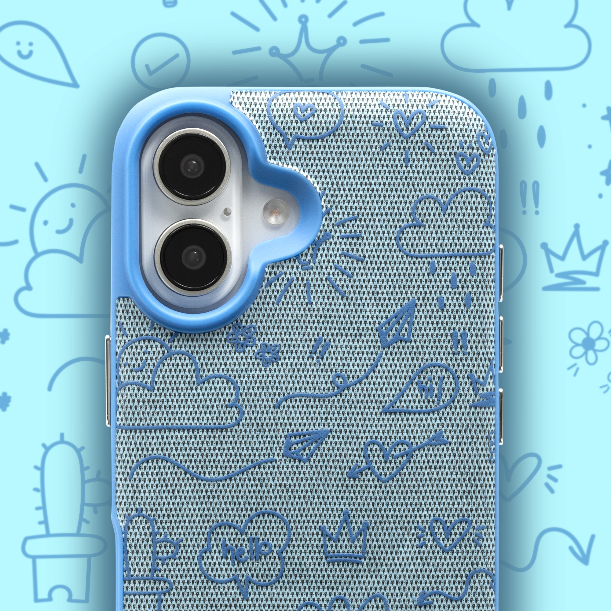 Coque ZAGG London Pour IPhone 16 Pro Max – Bleu Brodé Motif Doodle, Finition Mate
