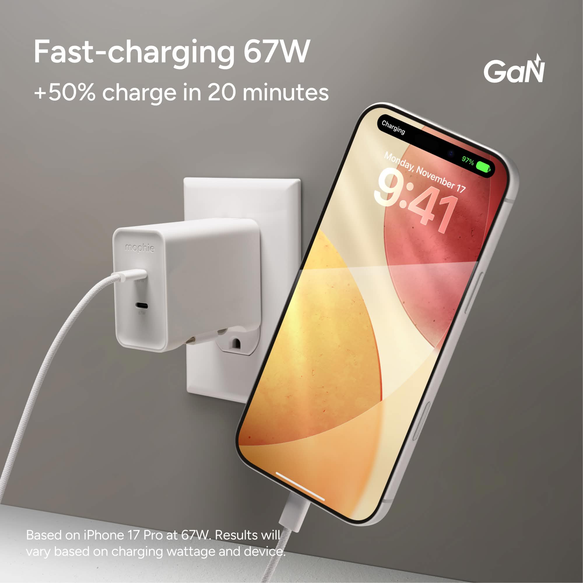 Mophie 67W Wall Charger - Dual USB-C Ports with retractable cable, GaN