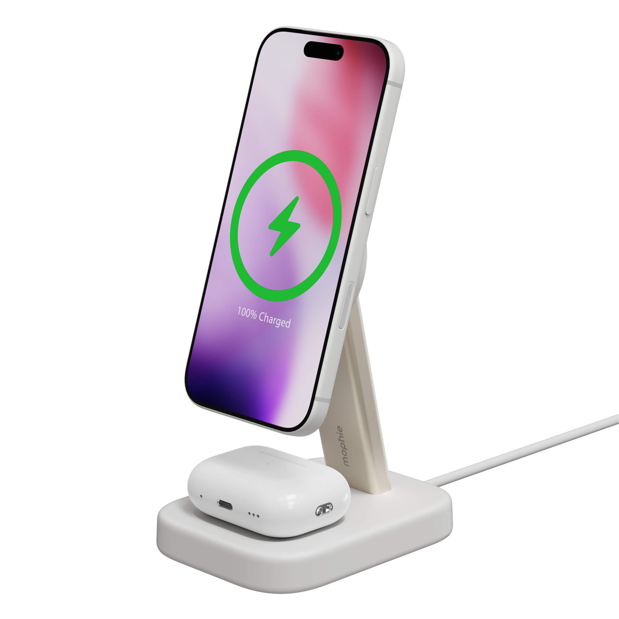 mophie qi2 2-in-1 wireless charging stand apple airpods in white-image-401319768