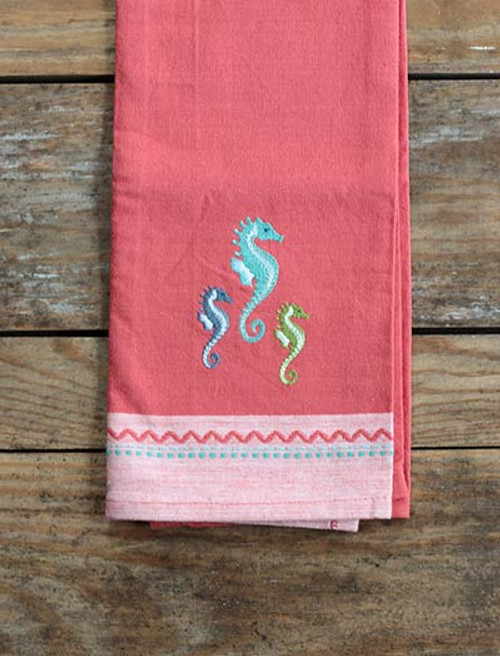 Red Seahorses Embroidered Cotton Tea Towel - 26831