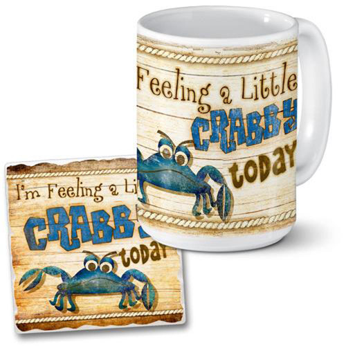 "Feeling a little Crabby Today" Beach Ceramic Coffee Mug and Coaster Set - 15oz