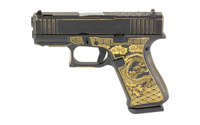 GLOCK 43XC 9mm Sub-Compact Pistol with Custom Distressed Black and Gold Cerakote Finish and Dragon Engraving