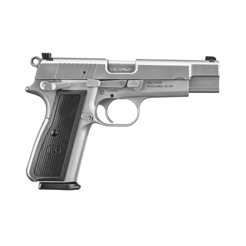 FN America High Power, Single Action, Semi-automatic, Metal Frame Pistol, Full Size, 9MM, 4.7 Target-crowned Hammer Forged Barrel, PVD Finish, Stainless Steel, 2 Polymer Grip Pairs, Driftable Dovetail Sights, 10 Rounds, 2 Magazines, Includes Zippe...