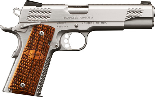 Kimber Stainless Raptor II 10mm Semi-Auto Pistol with Satin Silver Finish and Zebra Wood Grips