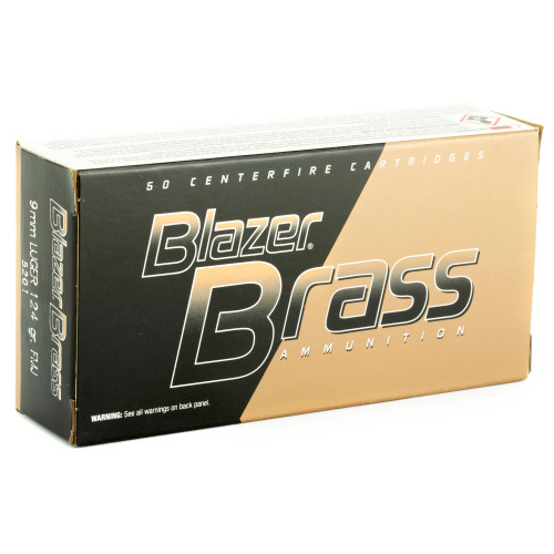 Blazer Ammunition 5201 9mm Luger 124 Grain Full Metal Jacket Brass Ammo - 50 Rounds per Box, 1000 per Case