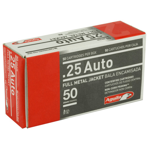 Aguila Ammunition 25 ACP 50 Grain FMJ Pistol Rounds - 50 Rounds Per Box