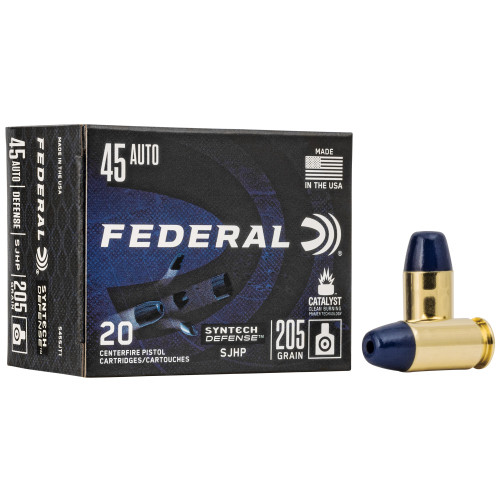 Federal Syntech Defense 45 ACP 205 Grain Semi-Jacketed Hollow Point Ammunition, 20 Rounds per Box Federal Syntech Defense 45 ACP 205 Grain Semi-Jacketed Hollow Point Ammunition, 20 Rounds per Box