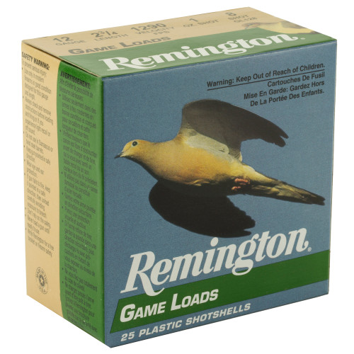 Remington Game Load 12 Gauge Shotshell - 1 oz #8, 3 1/4 Dram, 25 Pack