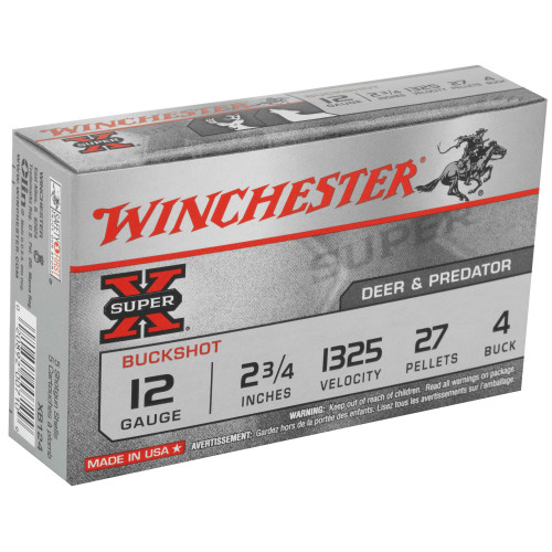 Winchester Ammunition Super-X 12 Gauge 2.75 inch Buckshot #4 Buck 27 Pellets - 5 Rounds per Box