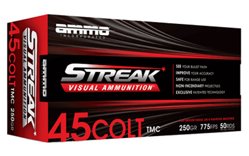 STREAK Ammunition 45 Colt 250 Grain Total Metal Coating, Red Tracer, 50 Rounds per Box STREAK Ammunition 45 Colt 250 Grain Total Metal Coating, Red Tracer, 50 Rounds per Box