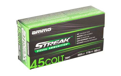 STREAK Ammunition 45 Long Colt 250 Grain Total Metal Coating, Green Tracer, 50 Rounds per Box STREAK Ammunition 45 Long Colt 250 Grain Total Metal Coating, Green Tracer, 50 Rounds per Box