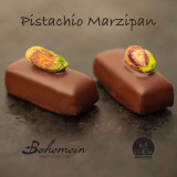 Bohemein Pistachio Marzipan. A well balanced blend of sweet almonds and pistachios, complemented with dark chocolate. 