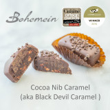 Bohemein Cocoa Nib Caramel. Devilishly Good. 100% Dark chocolate and nuggets of Cocoa Nibs folded through Chewy Bittersweet caramel, coated in sweet dark chocolate and sprinkled with more 100% Dark chocolate.