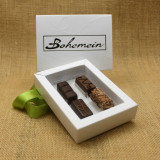 Bohemein Gift Box with 4 Nut Free Chocolates including: Balsamic Vinegar and Honey Ganache, Maple , Vanilla Cream in Dark Chocolate, Coffee .