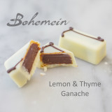 Bohemein Lemon and Thyme Ganache. A dark chocolate ganache is a piquant,tart and refreshing balance of Fresh Lemon and Thyme. Encased in white chocolate.