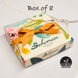 New Design:  Bohemein Box with 8 chocolates including - Passionfruit Martini Ganache, Cointreau Ganache, J.Becher Ganache, Sea Salt Caramel, Apricot and Rosemary Ganache, Crunchy Hazelnut, Cocos, Vanilla Cream (milk Chocolate)
