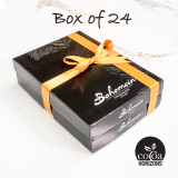 Bohemein 24 Dark  Chocolates Gift Box includes: Passion Fruit Martini x 2, Pinacolada x 2, Raspberry Ganache x 2, Apricot  and Rosemary Ganache x 2,Crunchy Hazelnut) x 2, Mint Caramel x 2, Ginger Caramel x 2, Chilli Ganache x 2, Vanilla Cream - Dark x2, Pistachio Marzipan x2, J.Becher x2, Black Devil Caramel x2