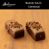 Bohemein Black Devil Caramel. Bittersweet cocoa nibs suspended in a rich and chewy 100% dark chocolate caramel covered in sweet dark chocolate, then garnished with more 100% dark chocolate. They are devilishly good. Not too sweet but chewy
Contains - Milk,Soy