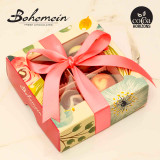 Mothers Day box of 4 dome Chocolates included: 
Orange Mimosa - Orange Caramel +  Blanc de Blanc in 54.5% DARK chocolate shell with WHITE Chocolate marble finish  contains Soy, Milk, Alcohol
French Toast - Cinnamon Caramel + Maple Cream in MILK chocolate shell with DARK chocolate marble finish Contains Soy, Milk
Raspberry Friand - Raspberry Marmelade + Amaretto Marzipan in WHITE chocolate shell with RUBY marble finish Contains Soy, Milk, Almonds, Alcohol