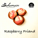 Raspberry Friand - Raspberry Marmelade + Amaretto Marzipan in WHITE chocolate shell with RUBY marble finish Contains Soy, Milk, Almonds, Alcohol