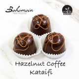 Coffee and Hazelnut Kataifi: A sophisticated blend of robust coffee and toasted hazelnut praline, all with that signature crunch. Contains: Milk, Gluten, Hazelnut, Soy