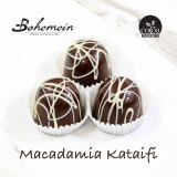 Dark Chocolate Macadamia Kataifi: Buttery macadamia nut praline perfectly paired with delicate kataifi pastry for a truly luxurious bite. Contains: Milk, Gluten, Macadamia, Soy