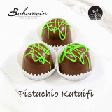 Milk  chocolate Pistachio Kataifi Dome: The original sensation, with rich pistachio and crispy kataifi. Contains: Milk, Gluten, Pistachio, Soy