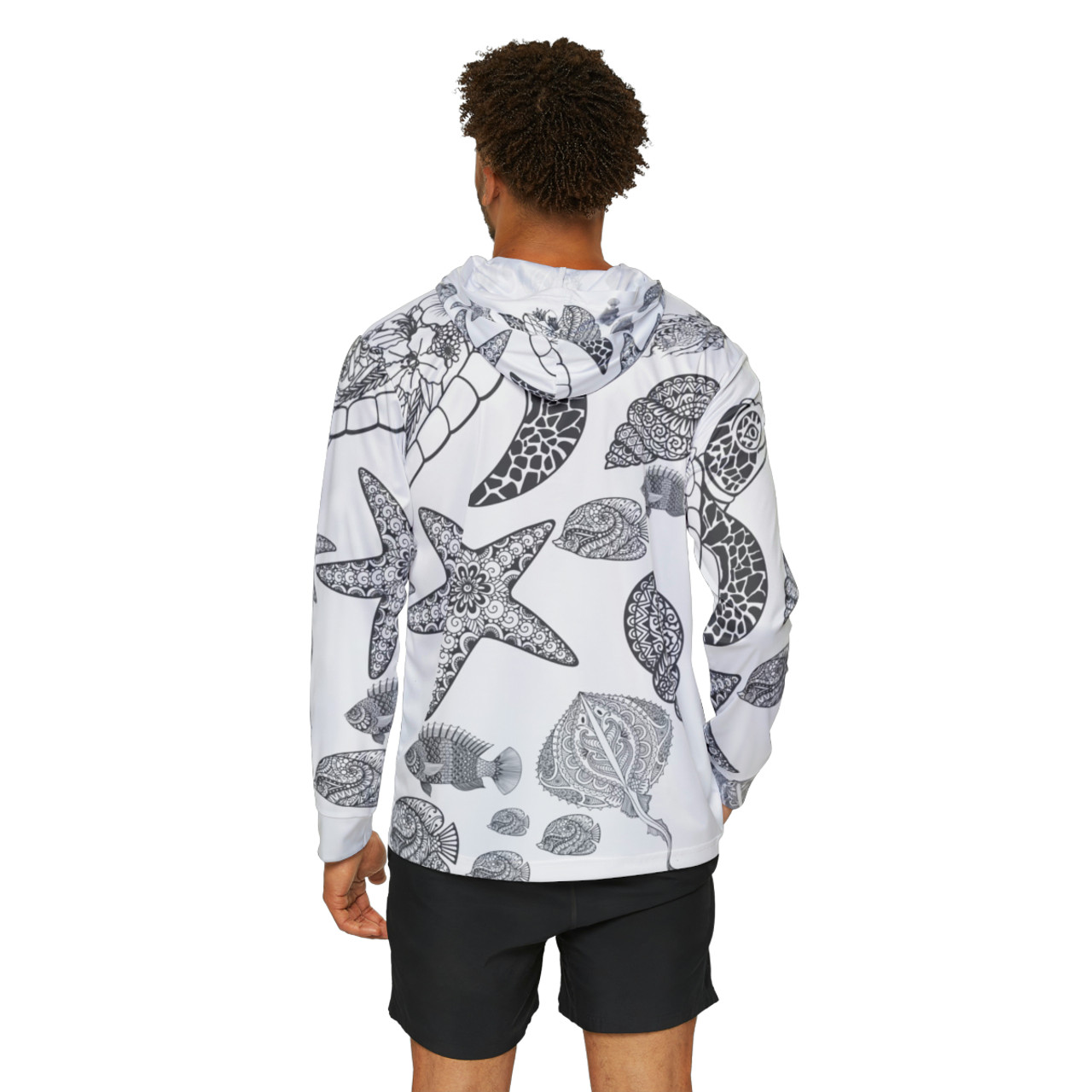 Gulf Coastal Zen Sea Turtle Star Fish Sea Shell Sand Dollar Hippie Mini Bus Women's  Long Sleeve Fishing UPF 50+ Hoodie Ocean Blue - Gulf Coastal Zen