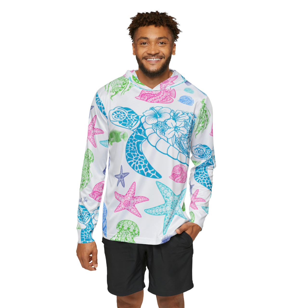 Gulf Coastal Zen Sea Turtle Star Fish Sea Shell Sand Dollar Hippie Mini Bus Women's  Long Sleeve Fishing UPF 50+ Hoodie Ocean Blue - Gulf Coastal Zen