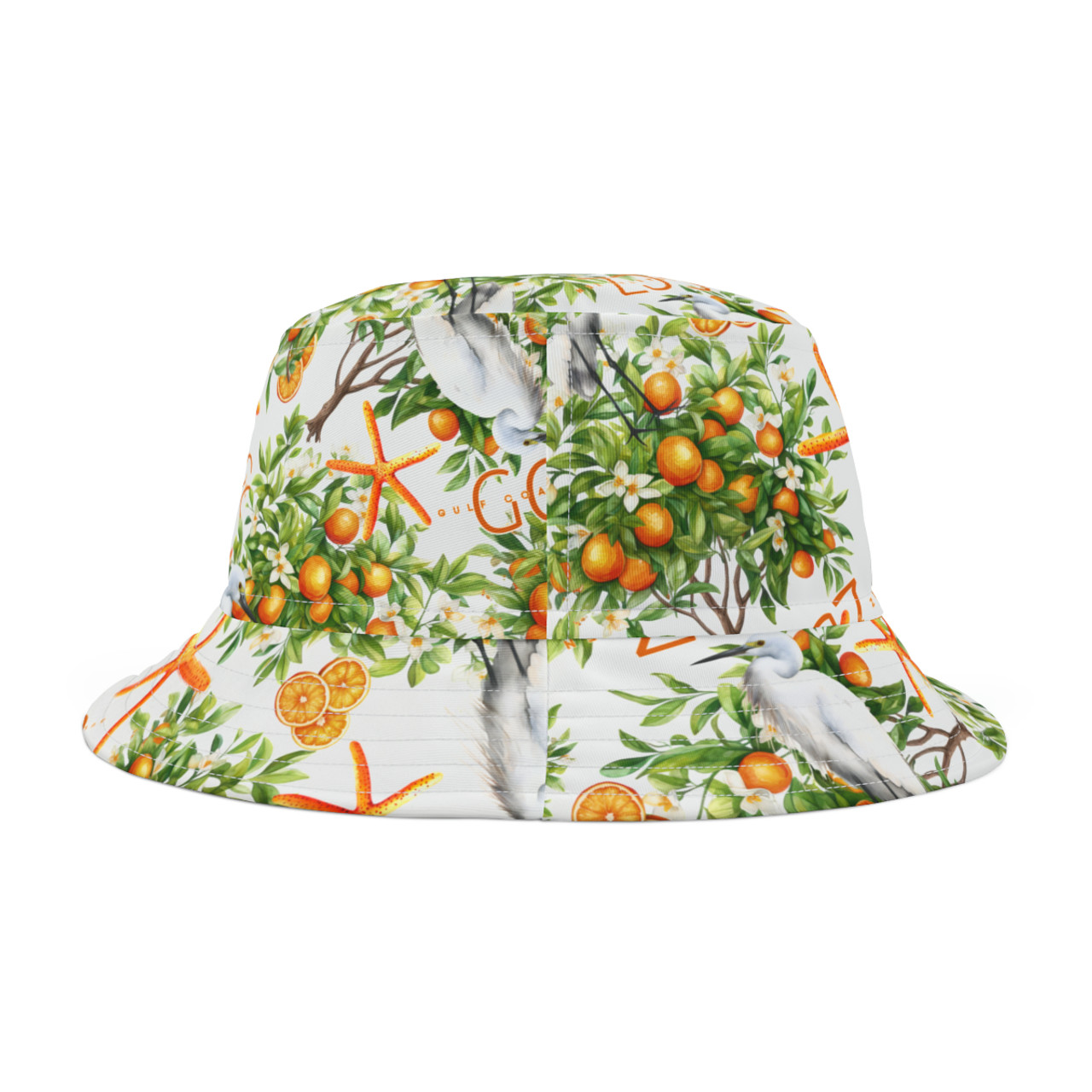 Orange Tree Slices Heron Egret Star Fish Gulf Coastal Zen Beach Ocean Vintage Florida unisex Bucket Hat White