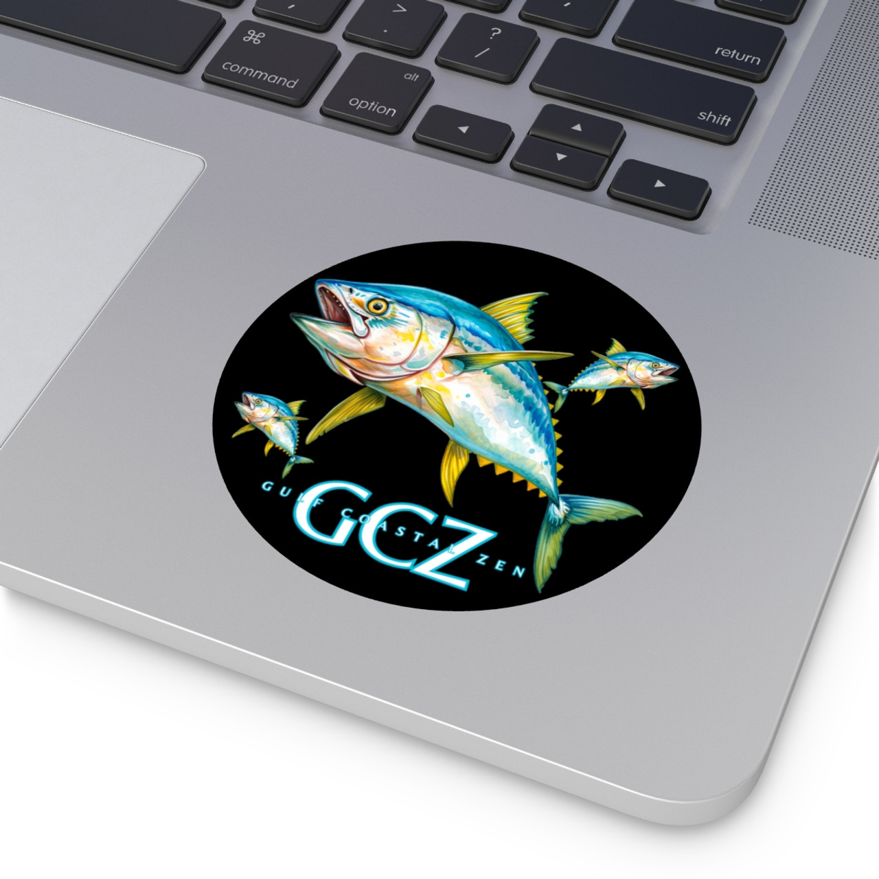 Gulf Coastal Zen Tuna Fish Deep Sea Fishing Beach Round Vinyl Sticker Black  - Gulf Coastal Zen
