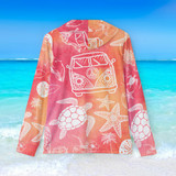 Gulf Coastal Zen Sea Turtle Star Fish Sea Shell Sand Dollar Hippie Mini Bus Women's Long Sleeve Fishing UPF 50+ Hoodie Sunset