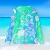 Gulf Coastal Zen Sea Turtle Star Fish Sea Shell Sand Dollar Hippie Mini Bus Women's Long Sleeve Fishing UPF 50+ Hoodie Ocean Blue