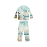 Gulf Coastal Zen Sand Beach Scene Palm Trees Retro Waves Women's Satin Button Up Pajamas Blue