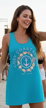 Gulf Coastal Zen EST Sea Shell Anchor Wreath Women's Racerback Beach Cover Up Dress Turquoise 