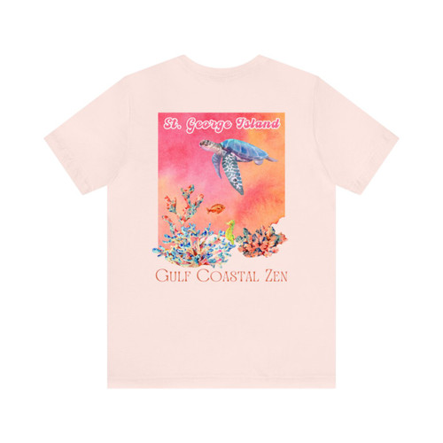 Gulf Costal Zen Sea Turtle Coral Watercolor Undersea Life Splash Adult Unisex Short Sleeve T-Shirt 23 Back